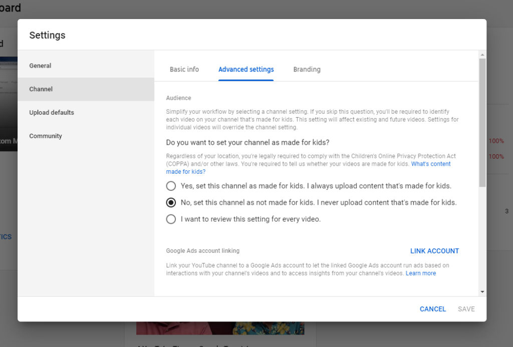 COPPA settings in YouTube