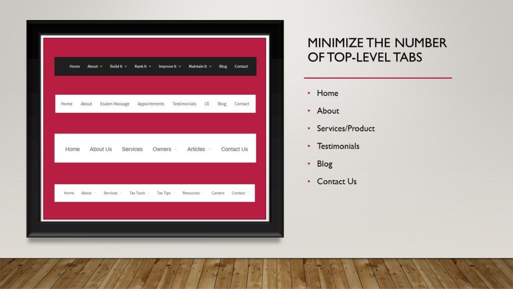 Minimize the number of top-level tabs you use on your website